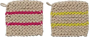 SQ COTTON CROCHET POT HOLDERS W/ NEON STRIPES