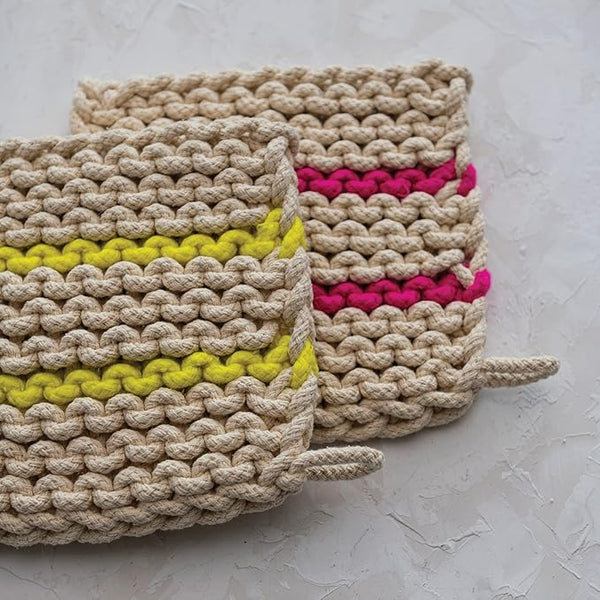 SQ COTTON CROCHET POT HOLDERS W/ NEON STRIPES