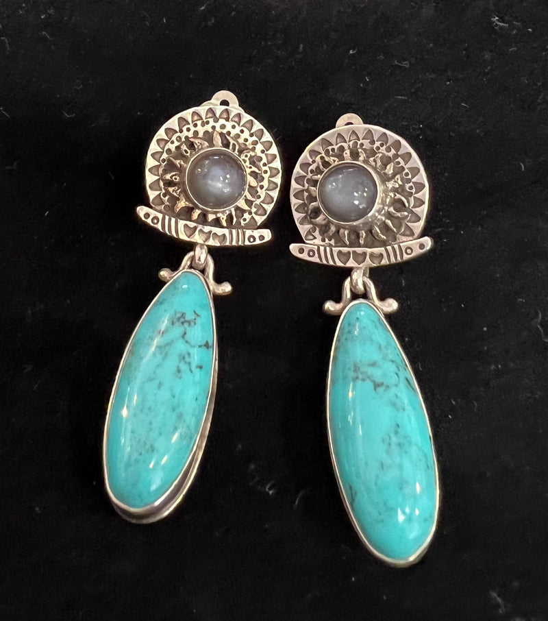 Navaho Clip On Drop Earring with Turquoise and Moon Stone