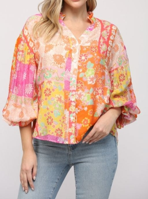 Patchwork Bubble Sleeve Top