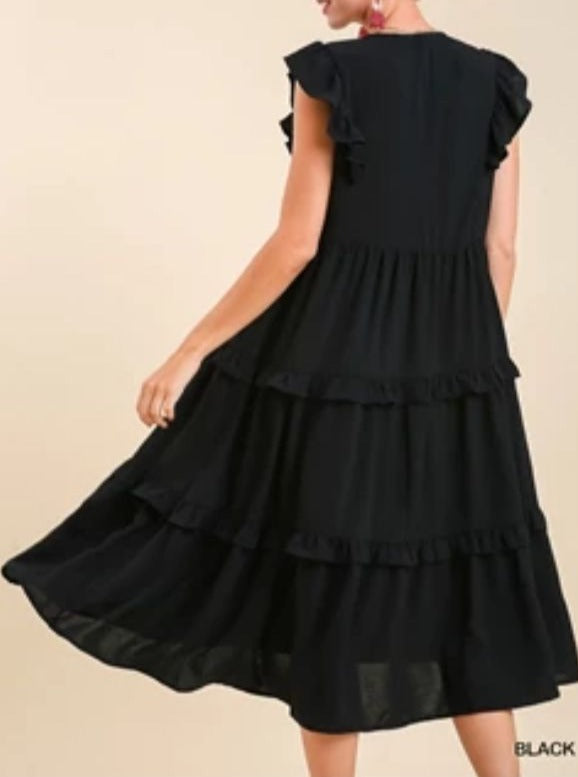 Ruffle Tiered Midi Dress with Flutter Sleeves