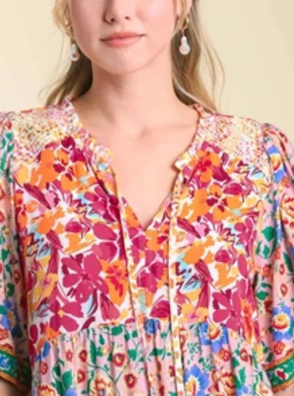 Short Sleeve Mixed Floral Print Round Neck Maxi Dress with Split Neck, Neck Tie Detail, Ruffle Trim Neckline, & Smocked Detail on Shoulder