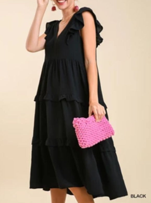 Ruffle Tiered Midi Dress with Flutter Sleeves