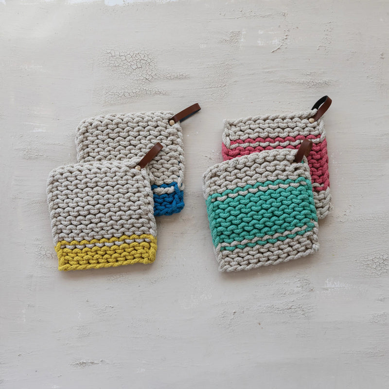 SQ COTTON CROCHET POT HOLDERS MULTI COLOR W/ LEATHER