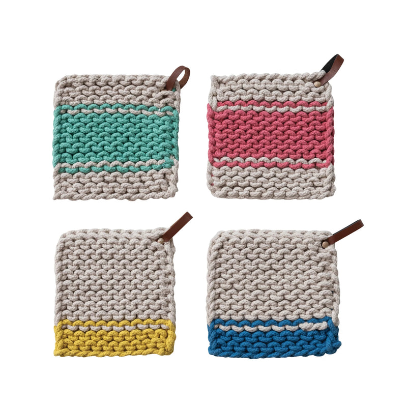SQ COTTON CROCHET POT HOLDERS MULTI COLOR W/ LEATHER