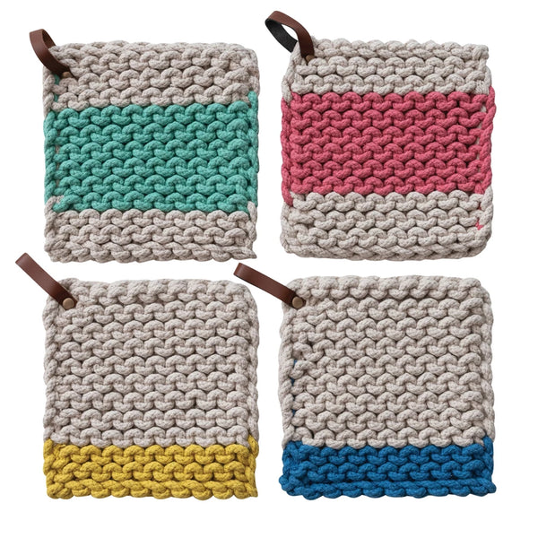 SQ COTTON CROCHET POT HOLDERS MULTI COLOR W/ LEATHER