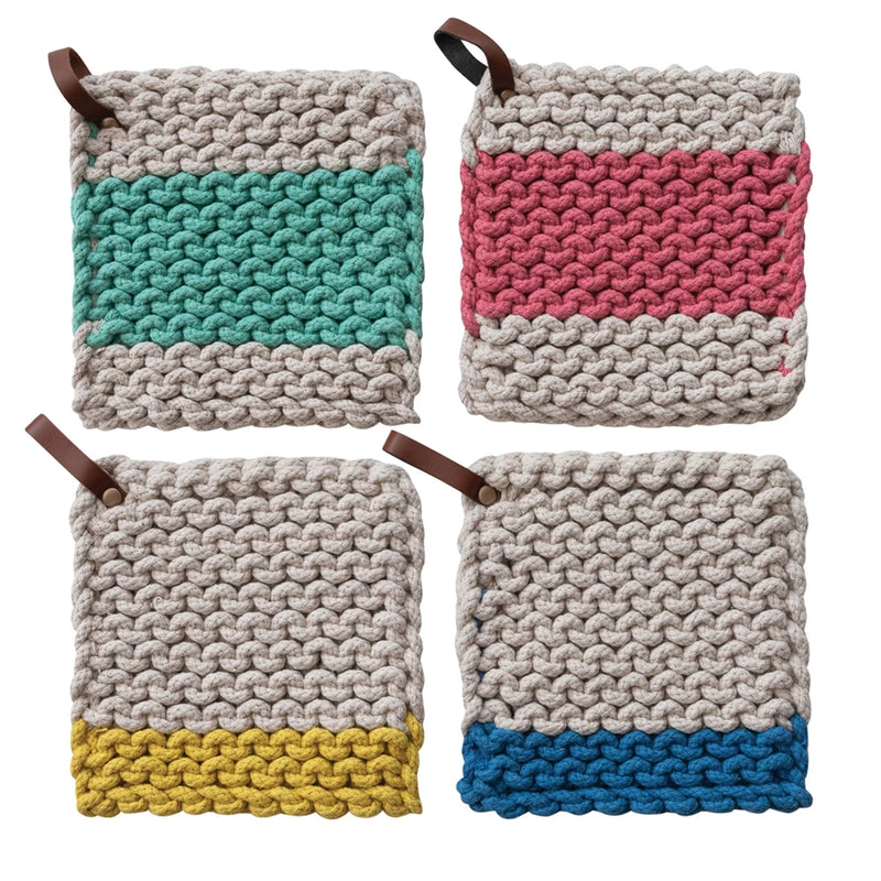 SQ COTTON CROCHET POT HOLDERS MULTI COLOR W/ LEATHER